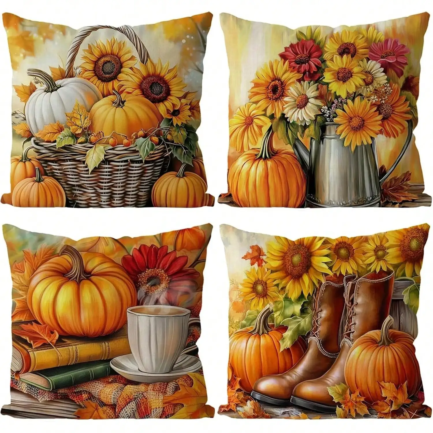 4pcs Autumn Pillowcase Thanksgiving Pumpkin Flower Decorative Throw Pillowcase Autumn Harvest Soft Pillowcase For Home Farmhouse Living Room Decor 2D Print Decorative Polyester Soft Single-Sided Pillowcase For Living Room Bedroom Sofa Decorative