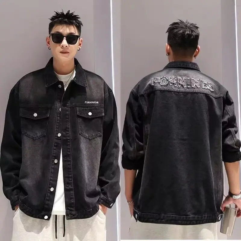 

Винтажная джинсовая куртка с тяжелой талией, мужской модный топ с вышивкой, весна-осень, свободная верхняя одежда в стиле ретро в американском стиле