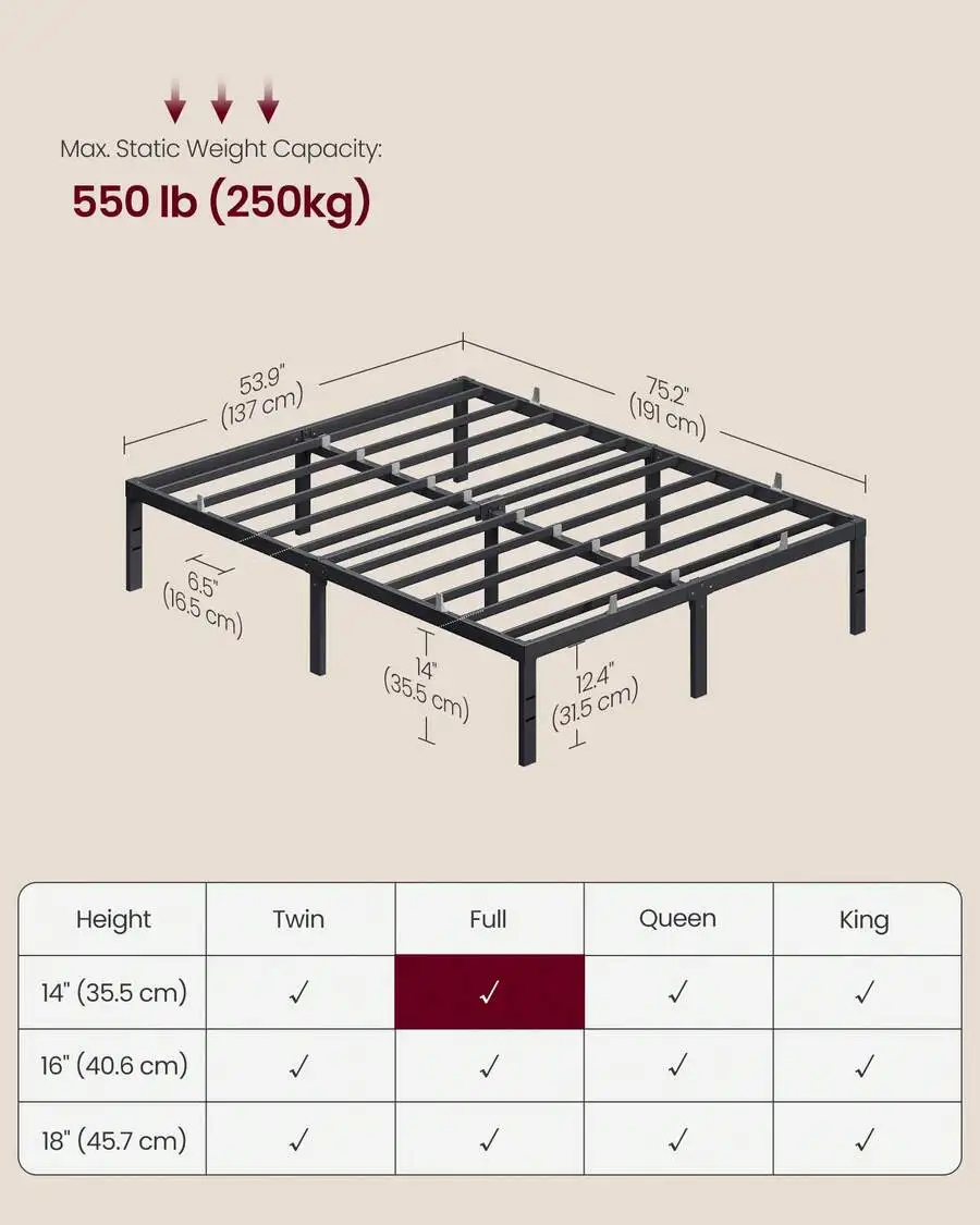 Metal Bed Frame 14 Inches Tall, King/Queen/Full/Twin Size, 550/1100 Lb Weight Capacity, No Box Spring Needed, With Under-Bed Sto
