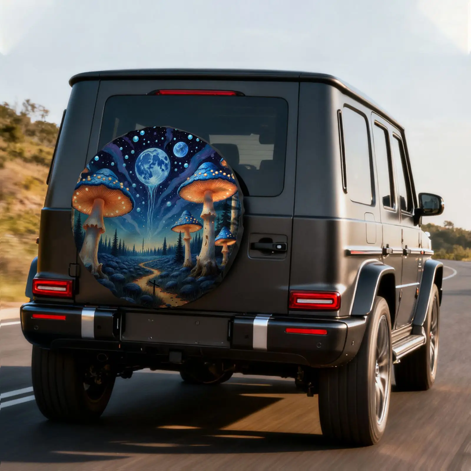 Magic Mushroom Night Moon Reserveradabdeckung, langlebiger Polyester-Radschutz für SUV und Wohnmobile, Dekoration