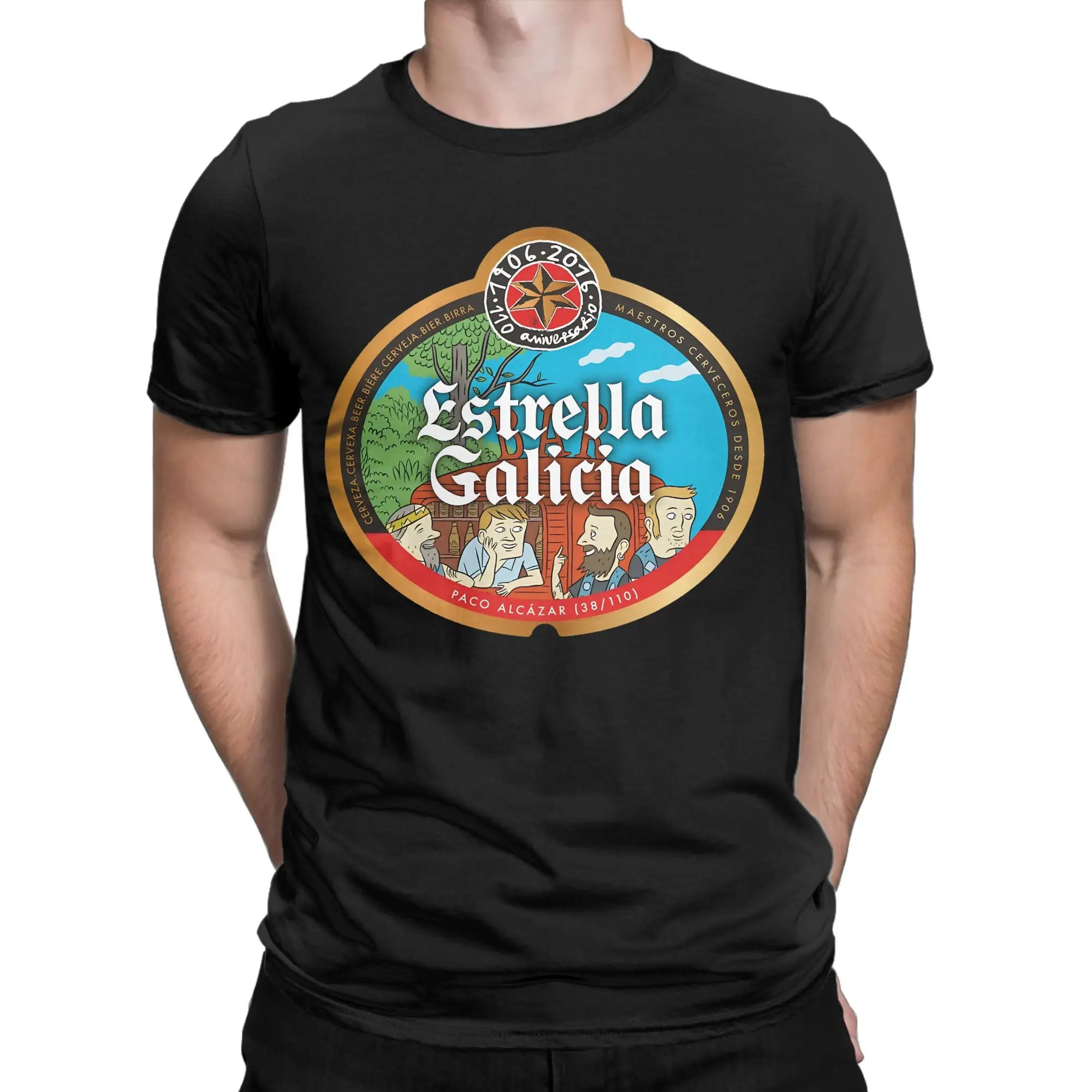 Estrella Galicia Beer  T Shirt Men's  Pure Cotton Casual T-Shirt Round Neck  Tees Short Sleeve Tops Summer