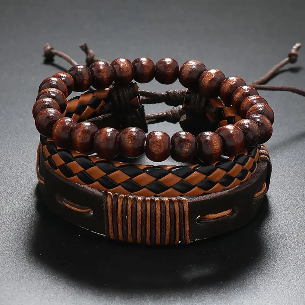 

3 Pcs Classic Men Multi-layer Leather Wooden beads Bracelet Fashion jewelry Set for Surprise Parties The best gifts for men