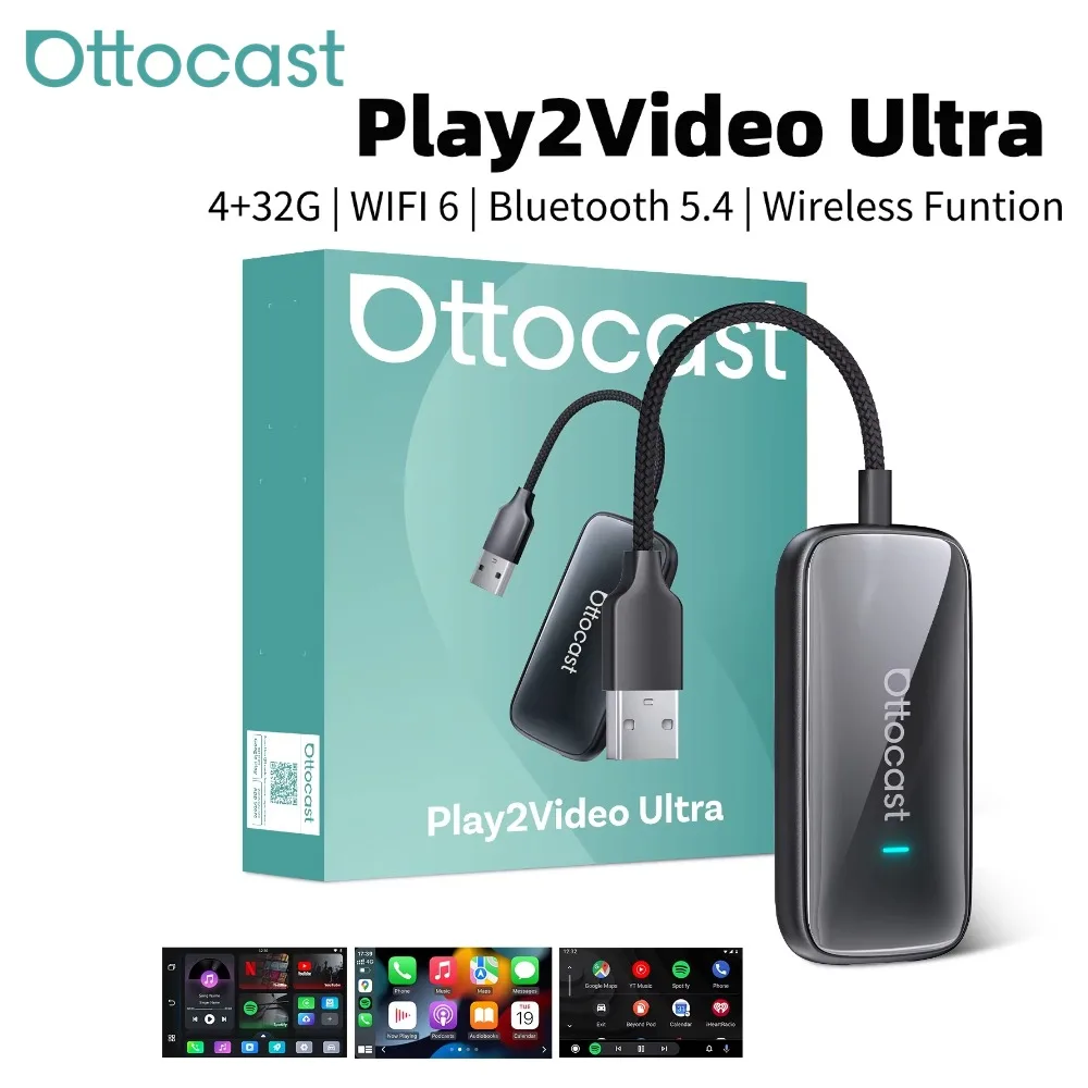 OTTOCAST Play2Video Ultra Wireless CarPlay & Android Auto AI Box Built-In YouTube Netflix IPTV Plug & Play For Factory Wired Car