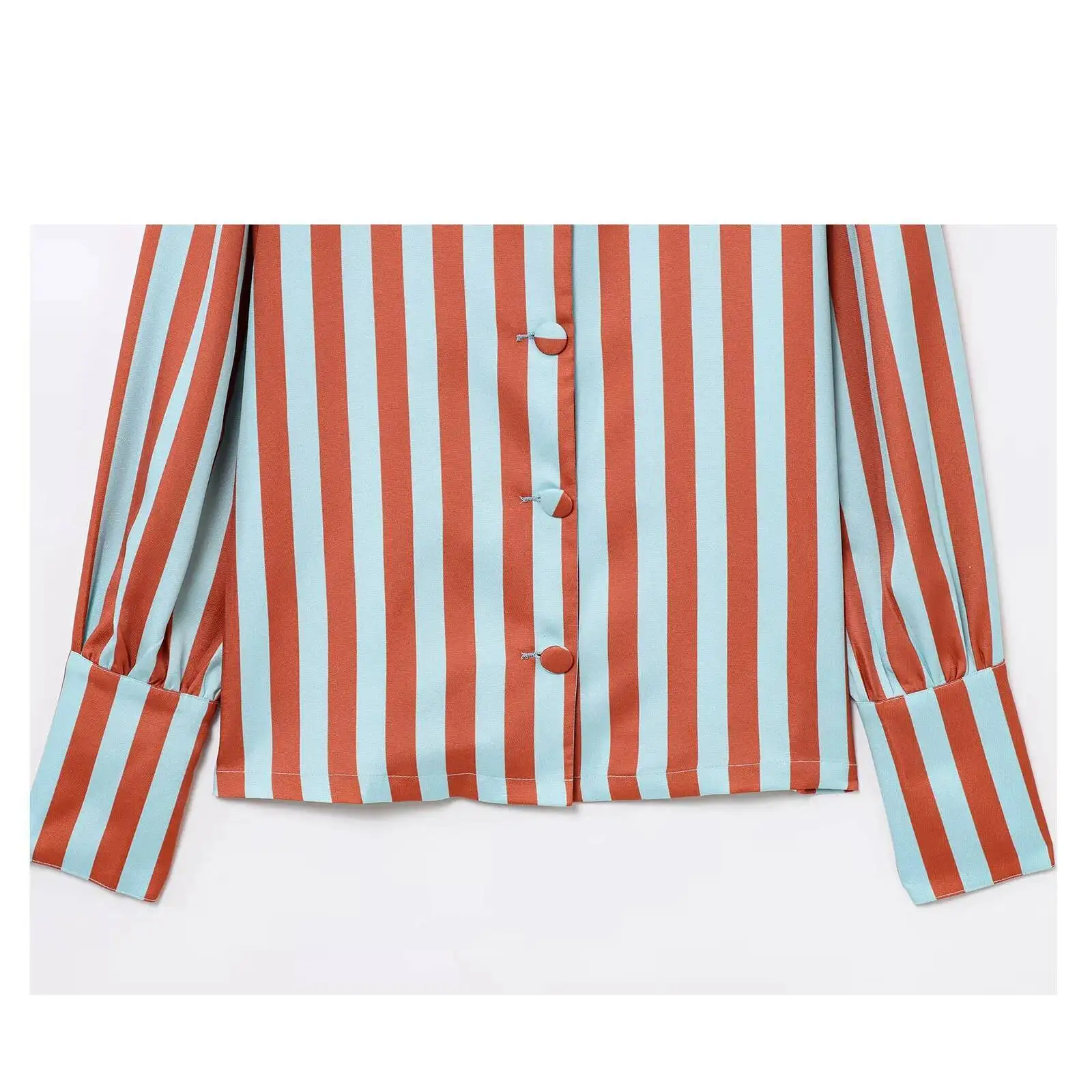 2025 Spring Summer Women's Striped Blouse O-Neck Long Bubble Sleeve With Buttons Shirt Fashionable Chic Tops