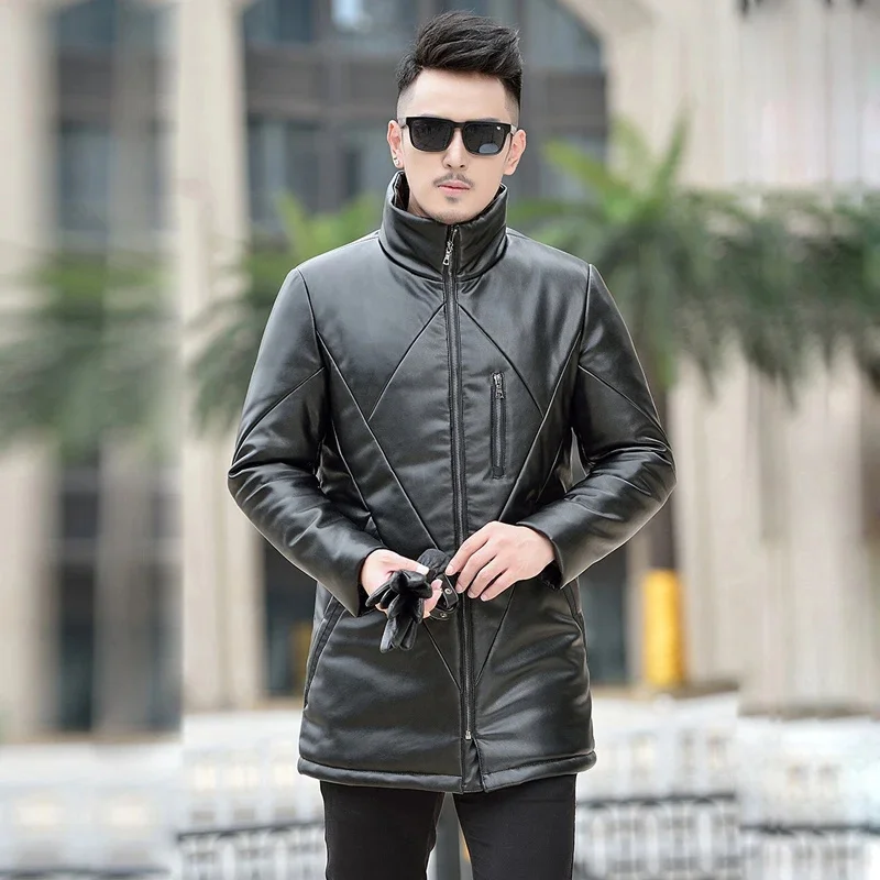 Winter Puffer Jacket Leather Mid To Long Style Coat Down Men Slim Fit Casual Fashion Warm Sheepskin