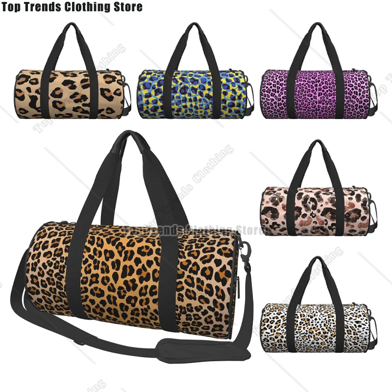 

Leopard Print Travel Bags Men Fitness Handbag Cylinder Shoulder Bag Women Large Travel Tote Luggage Bag Gym Handbags