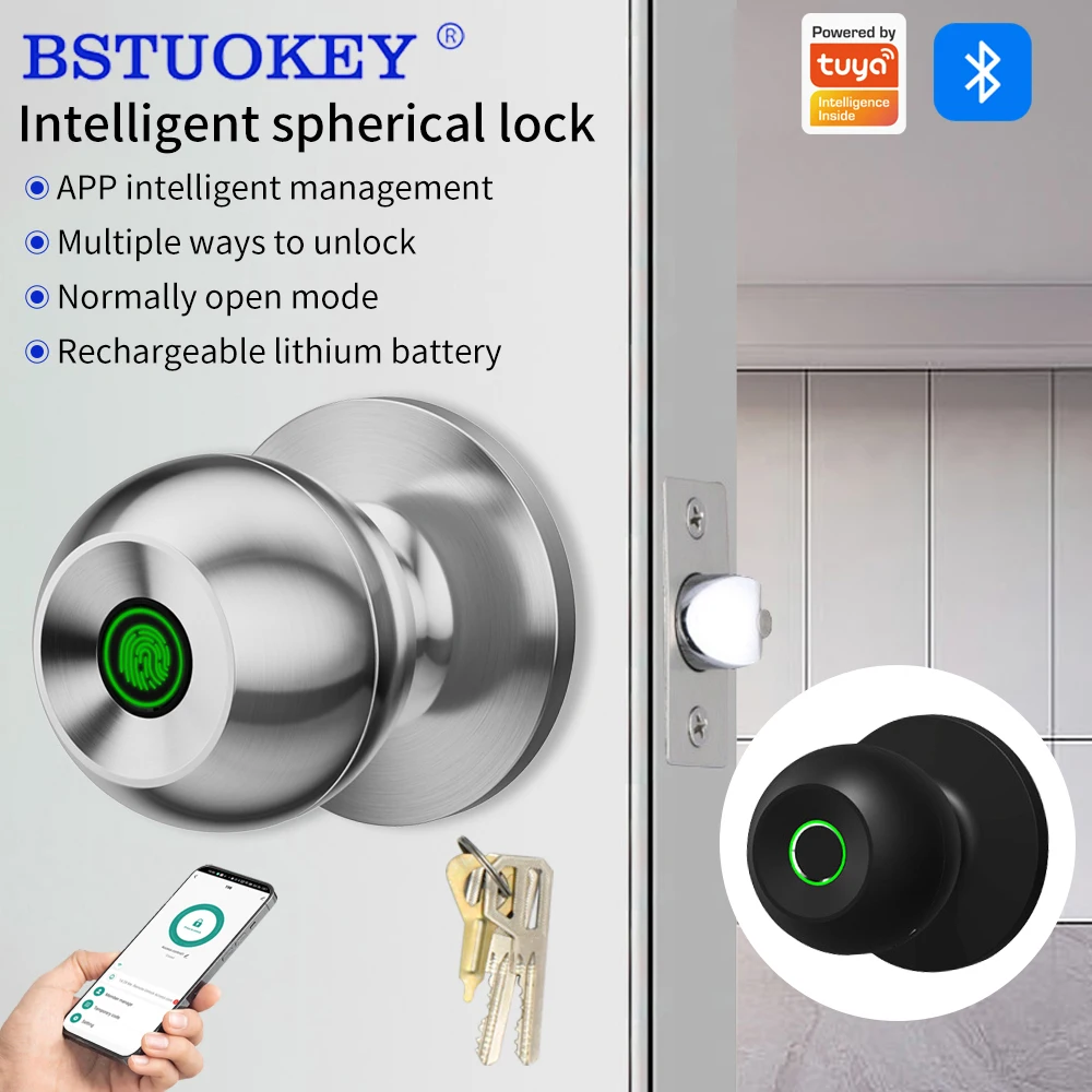 

Support TuyaApp Bluetooth App Control Fingerprint Round Door Knobs Rotation Lock Knobset Handle Metal Door Knob With Phycial Key