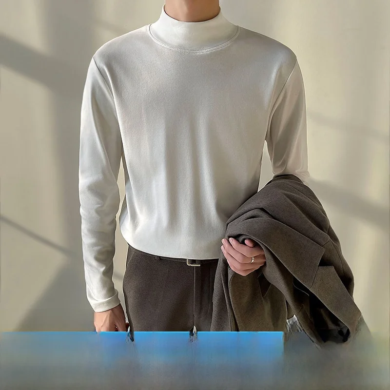 Men's Mid-High Collar Long Sleeve T-Shirt Pure Color Trendy Base Layer Shirt Korean Style Inner Wear for Autumn Winter