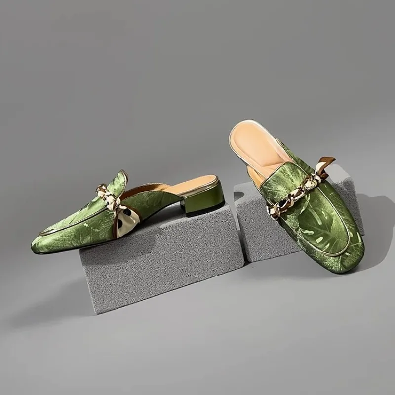 

Design Handmade Genuine Leather Casual Ribbon Shallow Mouth Low Heel Half Slippers Women's Summer Outdoor Wear Mules Shoes