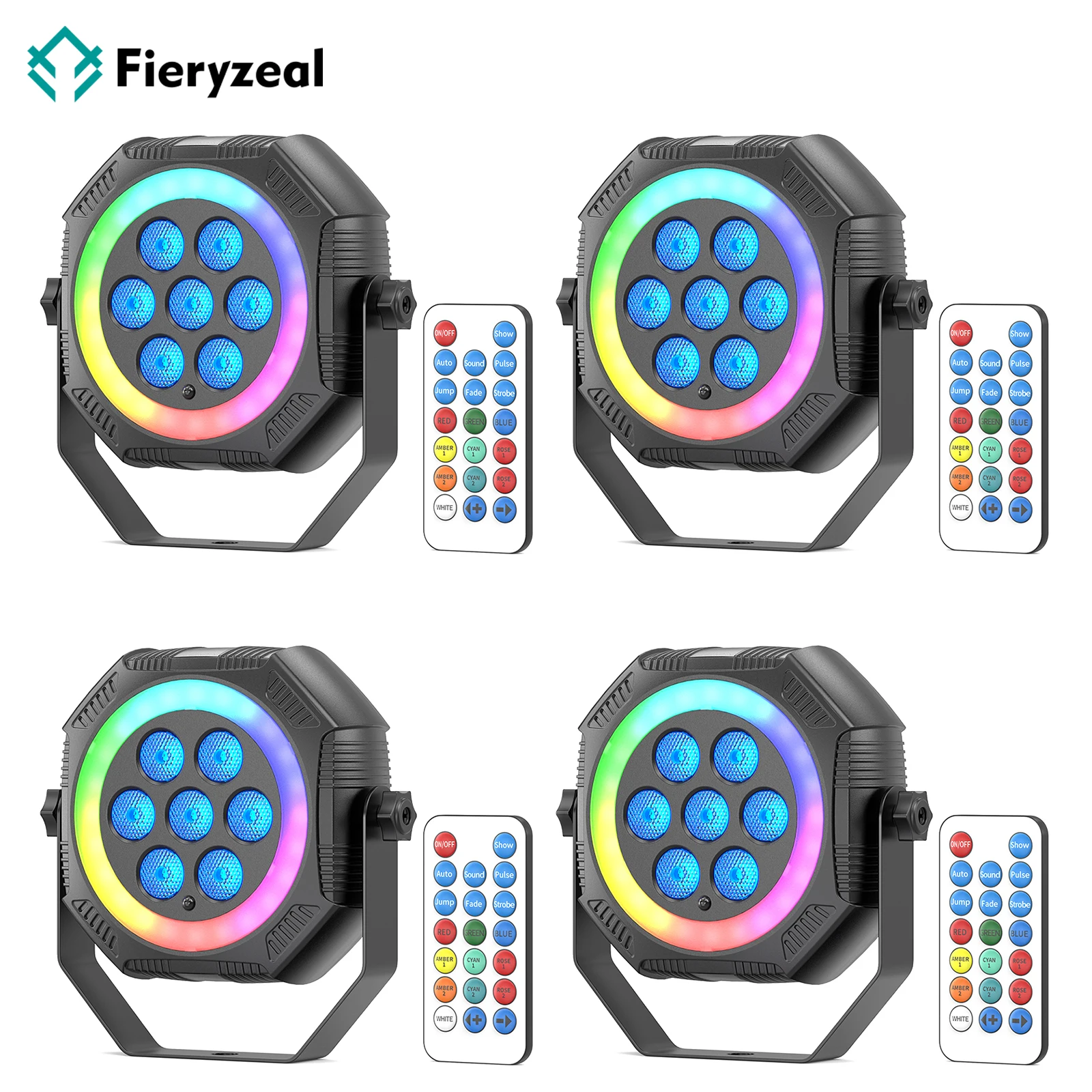 

Fieryzeal 4PCS 7LED 4IN1 RGBW Par Light с RGB Halo Light Strip DMX Stage Light Перезаряжаемый светодиодный Par Light для DJ Disco Party