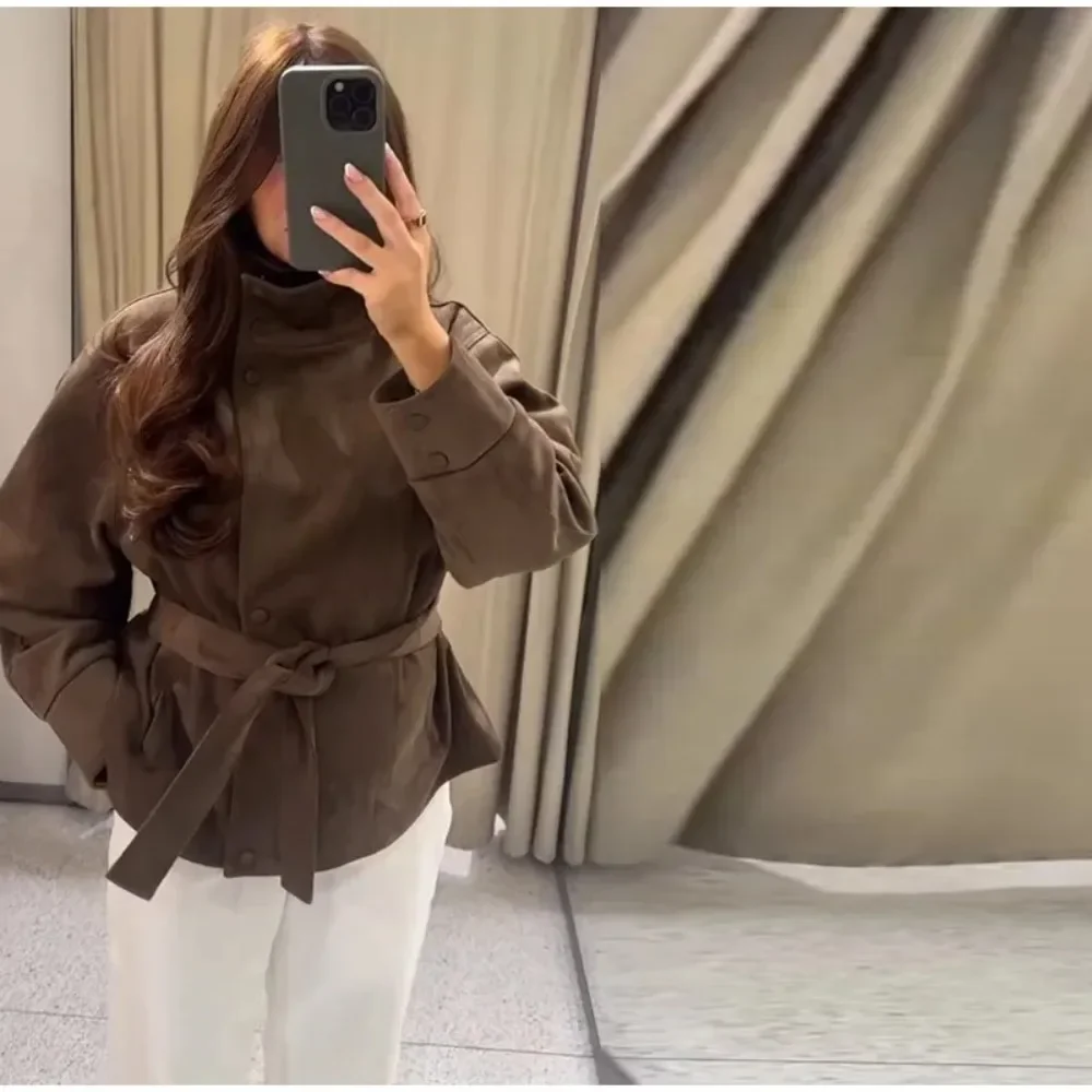 Damen Kunstwildleder Kurze Herbst-Winter-Jacke mit Gürtel, Langarm, Locker Geschnitten, Lässige Oberbekleidung, Streetwear für Frauen – Detail 7
