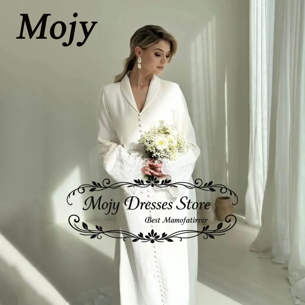 Mojy 2026 Muslim Wedding Dresses Long Sleeve Modest Gown Elastic Satin Button Bridal Gown Simple White Wedding Dress Customized