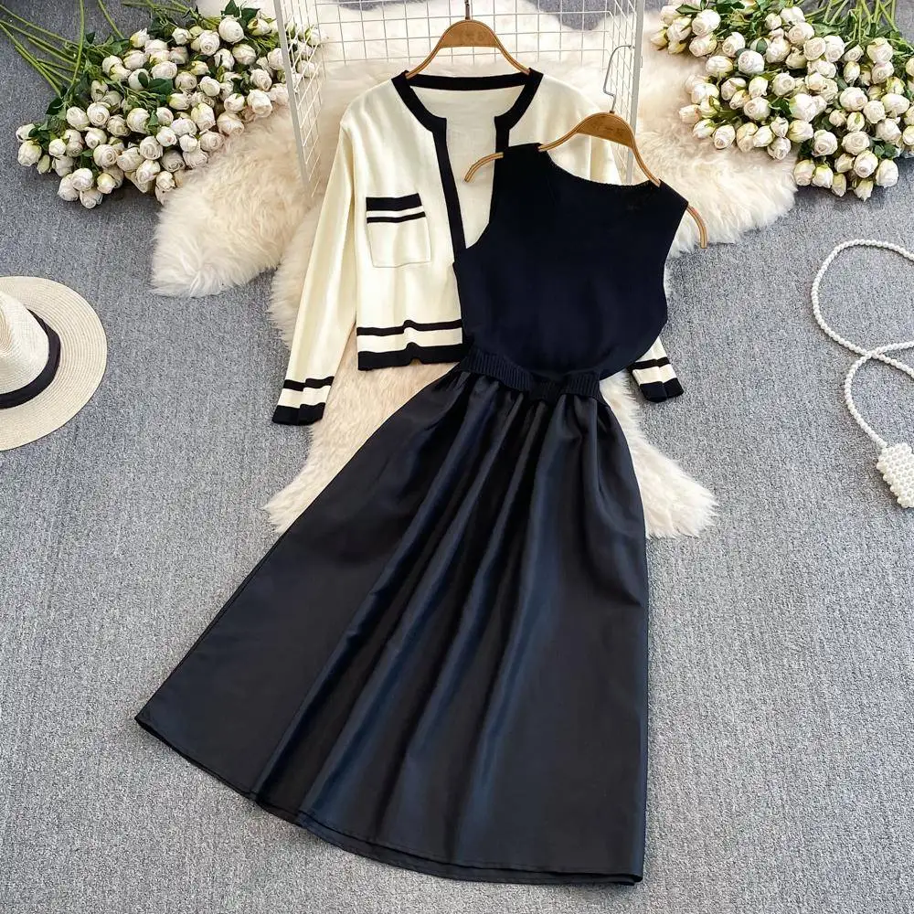 

ALPHALMODA 2025, New, Knit Cardigan, Tank Dress 2pc Suit, Women, Elegant Knit Jacket, Vest Stitching Dress, Fashion 2pcs Set