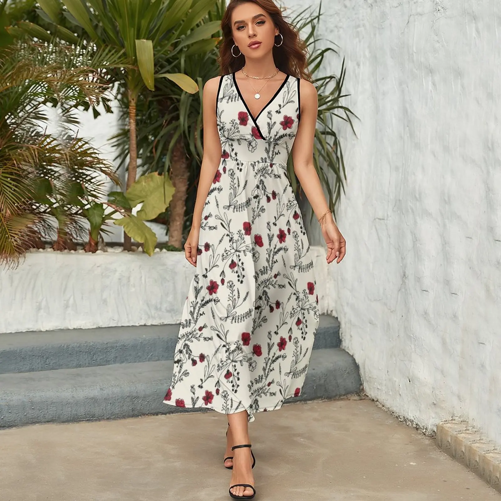 Red Flower Pattern Sleeveless Dress luxury dress Beachwear