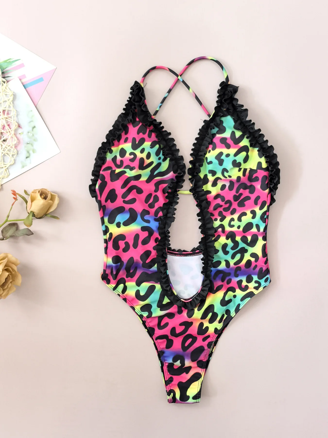 

sexy pink leopard print swimsuits one piece hollow out bikinis backless bodysuits Swimwear Biquini conjunto de bikini tankini