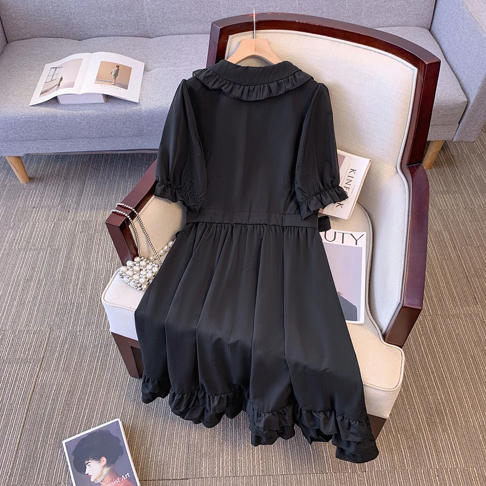 Summer new plus size women's casual retro wooden ear edge doll collar black dress simple tie loose short-sleeved long skirt