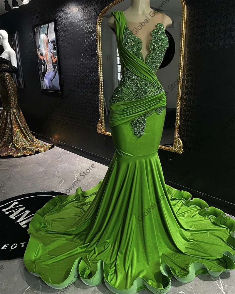 New Design Green Mermaid Long Prom Dresses 2025 Glitter Crystals Birthday Party Gowns For Black Girls Robe De Bal Customized