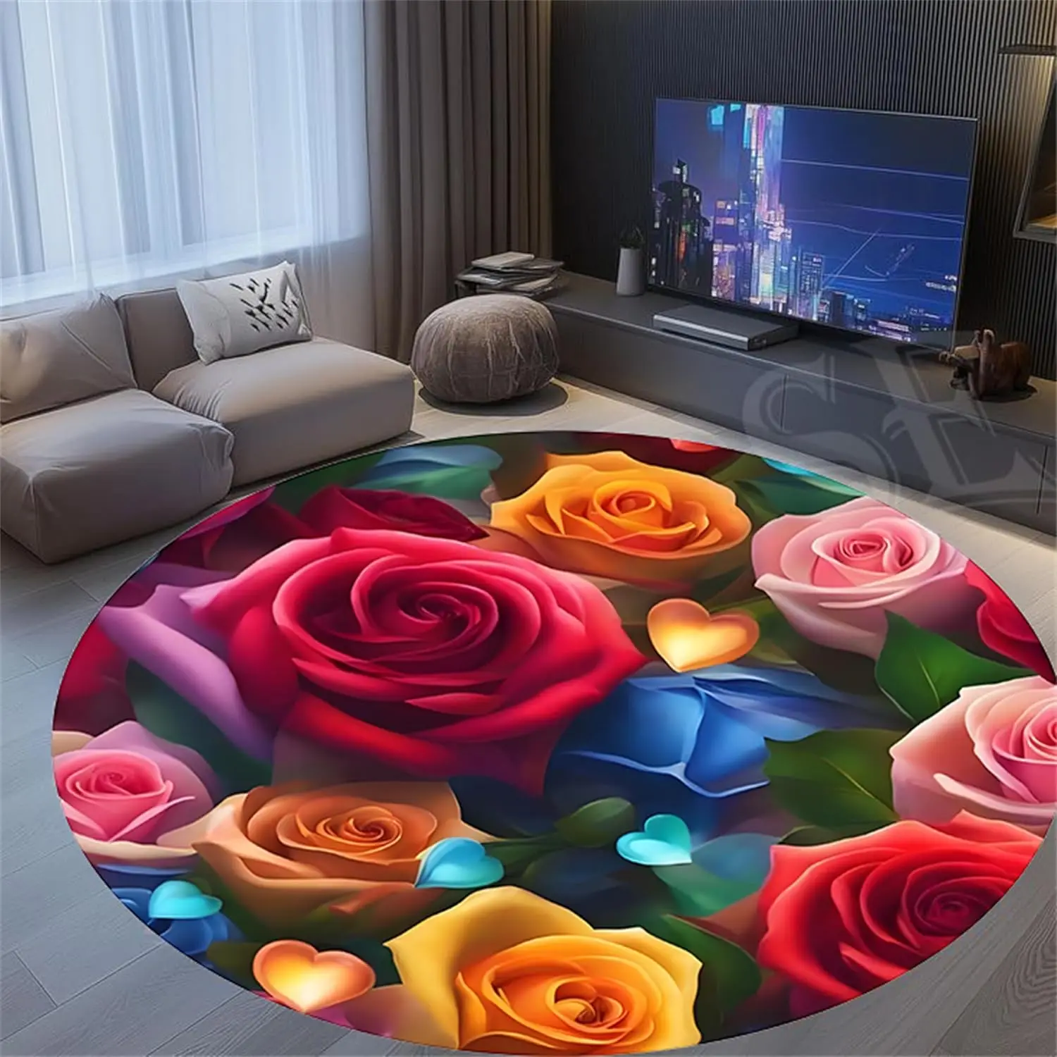 Romantic Style Circular Rug Rose Blossom Heart Print Round Carpet for Bedroom Living Room Valentine Decor Non-Slip Floor Mat