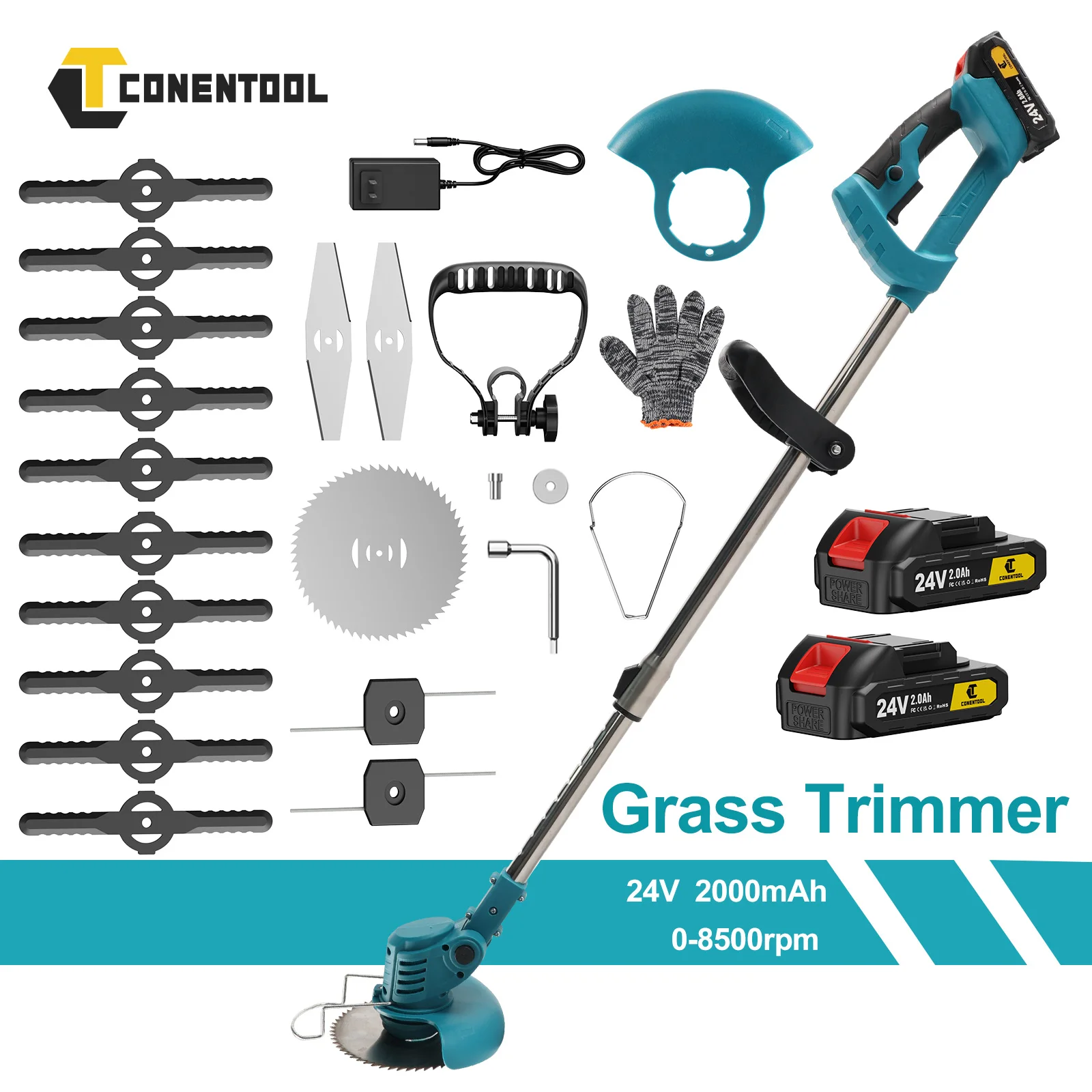 CONENTOOL 24V Cordless Strimmer with Metal Blade, Telescopic Grass Trimmer, 2x2.0Ah Batteries, Electric Lawn Mower Set