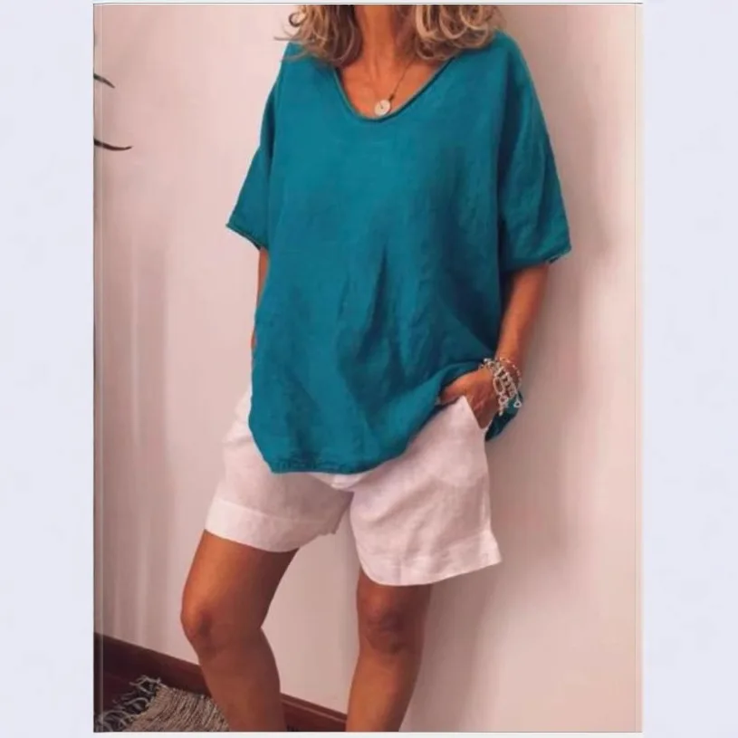 تي شيرت نسائي أساسي مقاس كبير لملابس المانجا ثلاثة أرباع، رقبة دائرية، لون خالص، قميص عصري