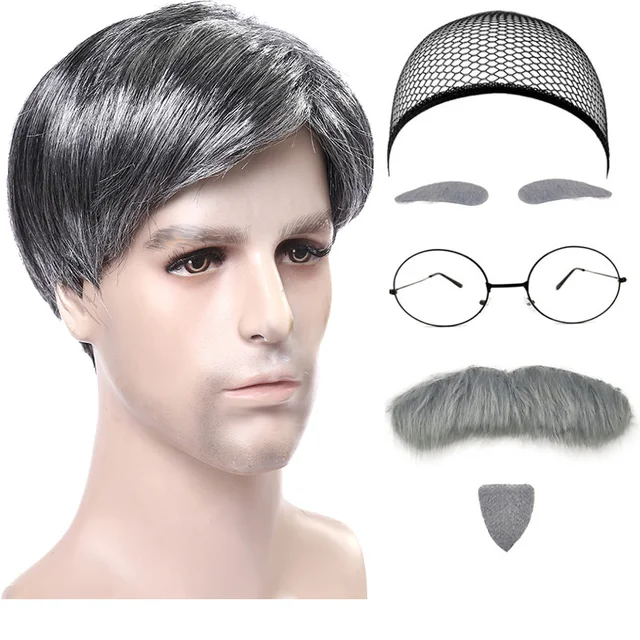 1 Zestaw Przedłużanie włosów Syntetyczne Hallowee Cosplay Old Man Peruki Oddychające Pokrycie głowy Wydajność Przebranie Dziadek Peruka Kapelusz dla mężczyzn
