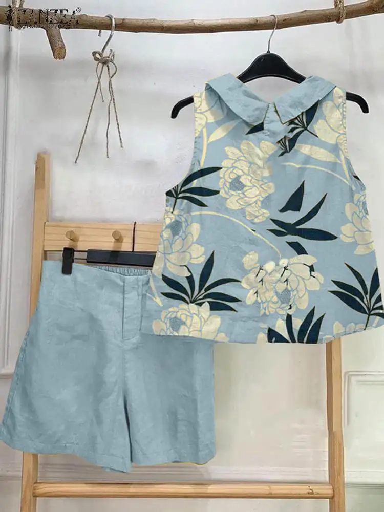 ZANZEA Holiday 2024 Matching Suits Women Summer 2pcs Short Sets Casual Loose Printed Tank and Shorts Fashion Sweety Tracksuit