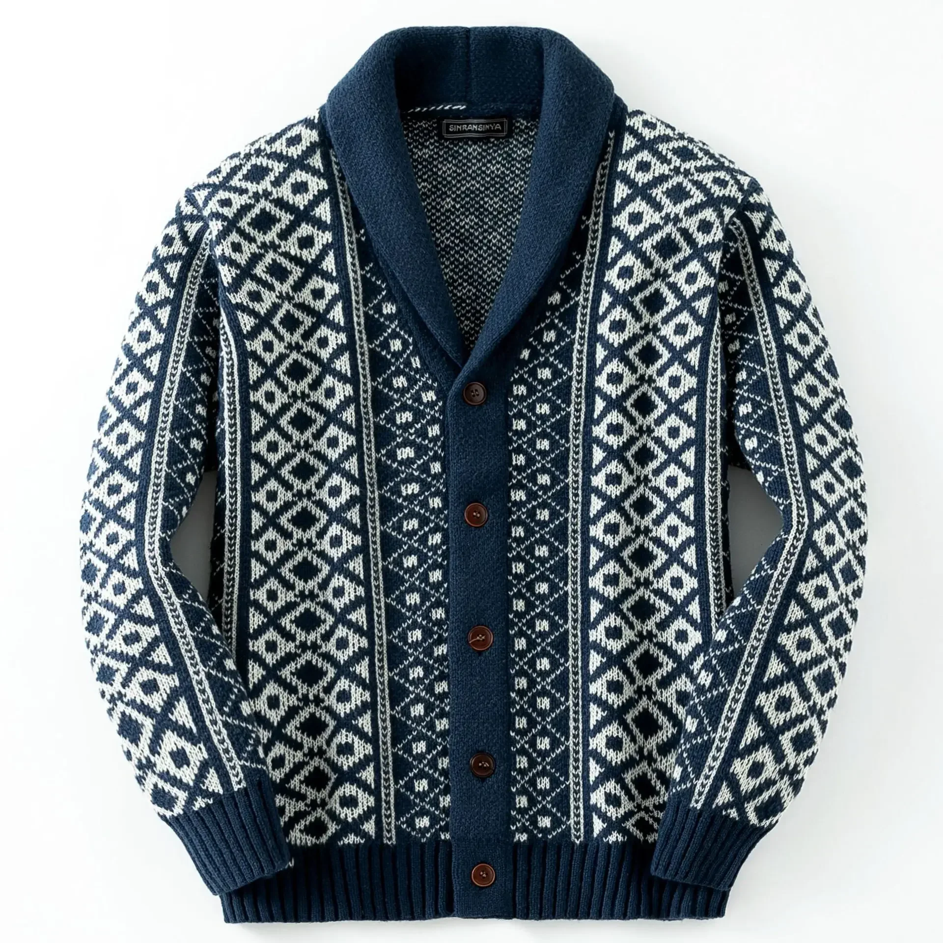 American Men's Retro Knitted Sweater, Fashionable and Versatile, Heavy-duty Jacquard, Shawl Collar, Casual Long-sleeved Jacket.