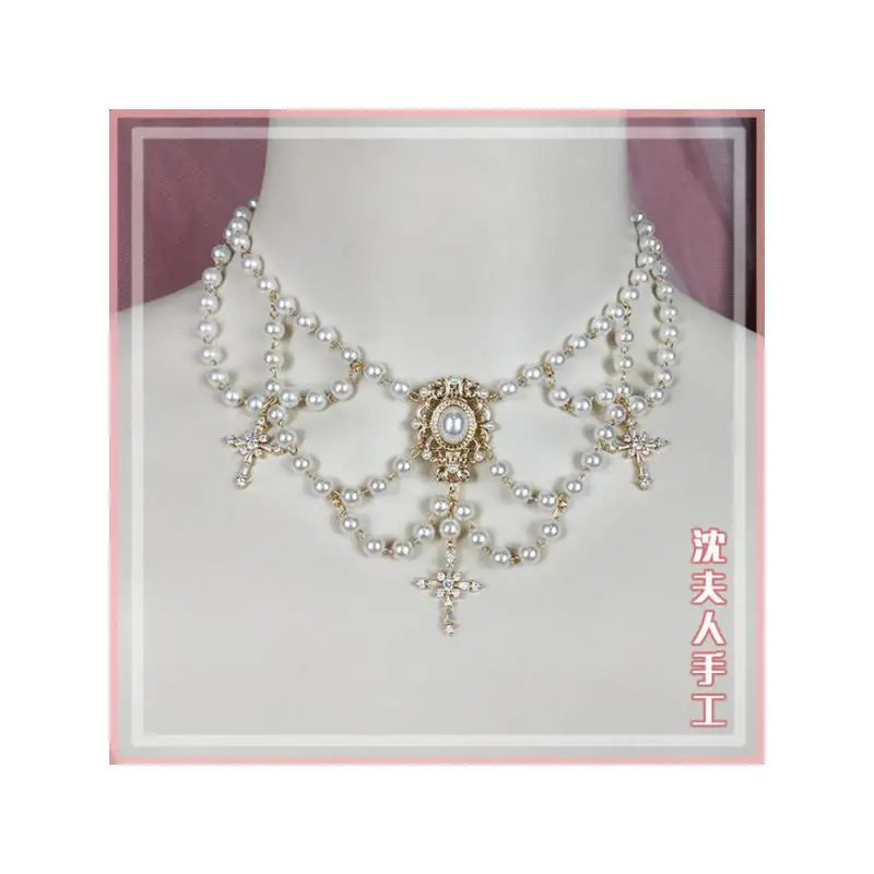 Hand Made White Pearl Double Layer Necklace Lolita Anime Cosplay Accessories Y2k Kc Cross Clavicle Chain Choker Necklace