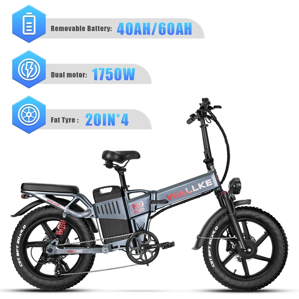 WALLKE full suspension support double battery electric bIcycle electric e bike with rack