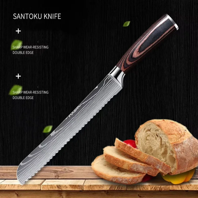 Cuchillo de pan de 8 pulgadas, cuchillos de cocina profesionales, cuchillo para cortar pan, queso, cuchillos láser de Damasco, cuchillos de Chef con mango de madera