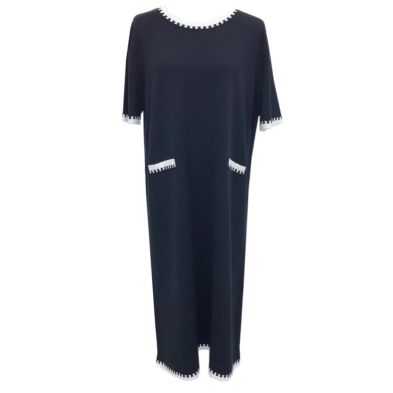 8144 Fragancia de alta sociedad de estilo francés, Tencel perezoso suelto, cuello redondo, bloque de Color blanco y negro, diseño de bolsillo falso, recto y largo