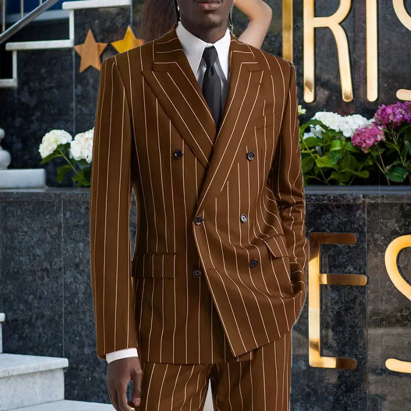 

New Classical Striped Men's Suit High Quality 2 Pieces Double Breasted Jacket Pants Business Casual Party Wedding Groom Tuxedo