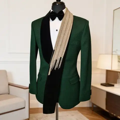 Erkek Slim Fit Takım Elbise 2 Parça Düğün Balo Smokini Karışık Kombin Boncuklu Şal Yaka Yan Cepli Damat Ziyafet Etkinlikleri İçin