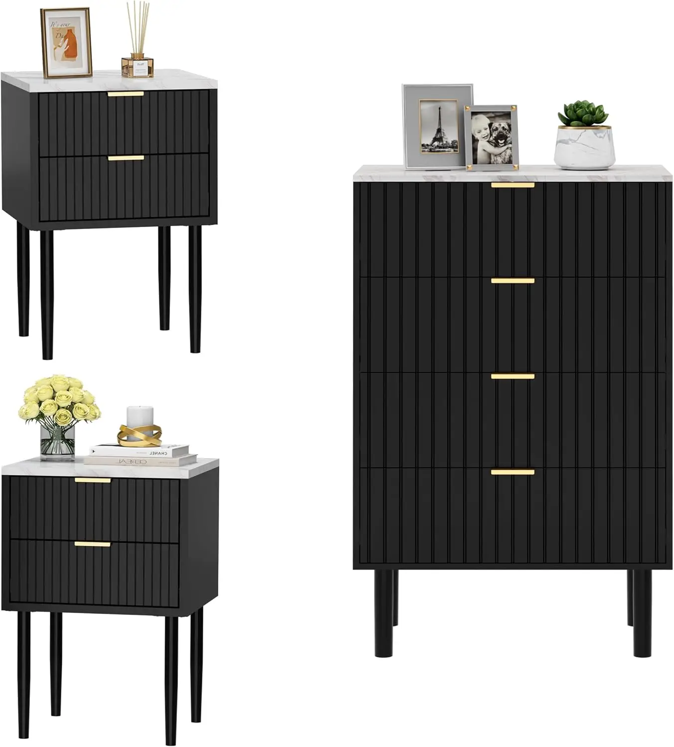 Black Matching Dresser and Nightstand Sets 3 Piece,Modern Grooved Stripes,Marble Texture Top,Gold Handles, 4 Drawer for Bedroom