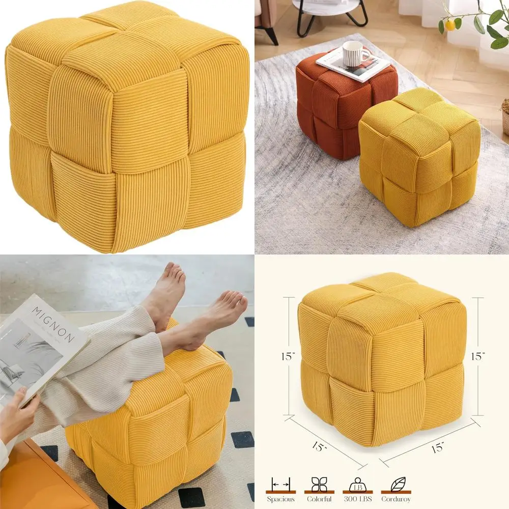 

Cozy Square Corduroy Ottoman with Yellow Woven Design for Sofa Comfort