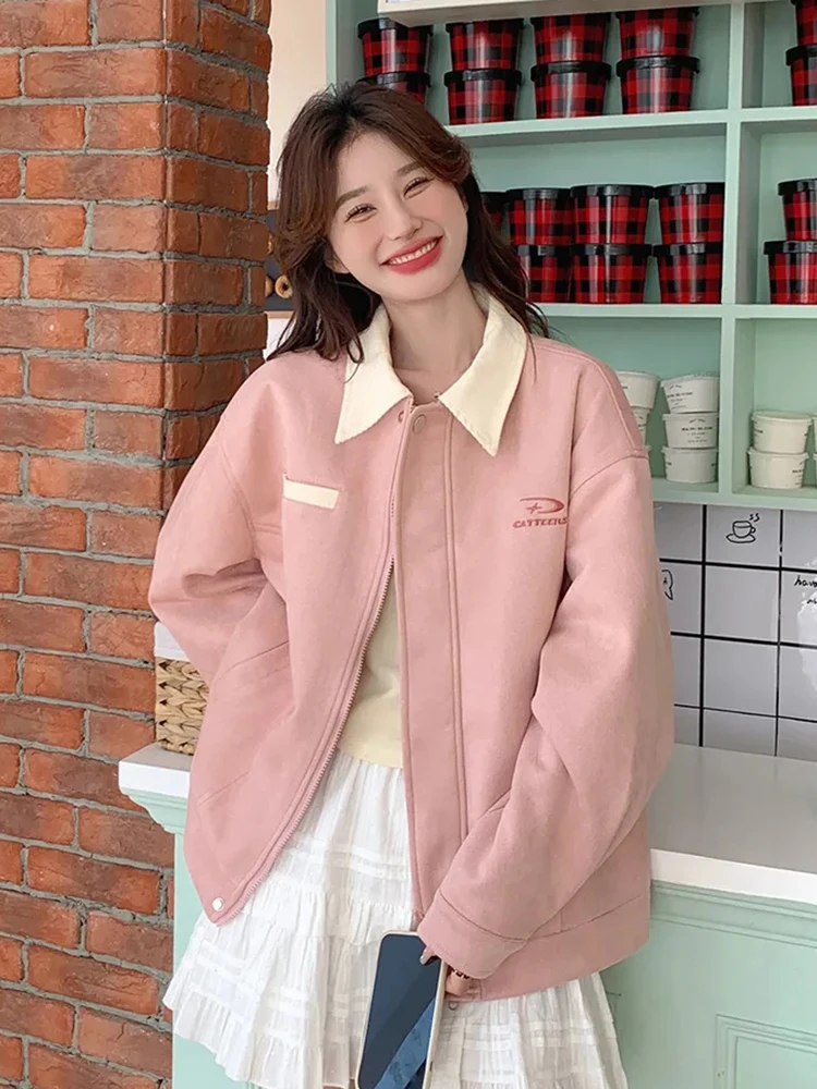 Zoki Chic Pink Sweet Jackets Women Casual Preppy Style Faux Suede Coats Korean Fashion Long Sleeve Letter Elegant Lady Tops New