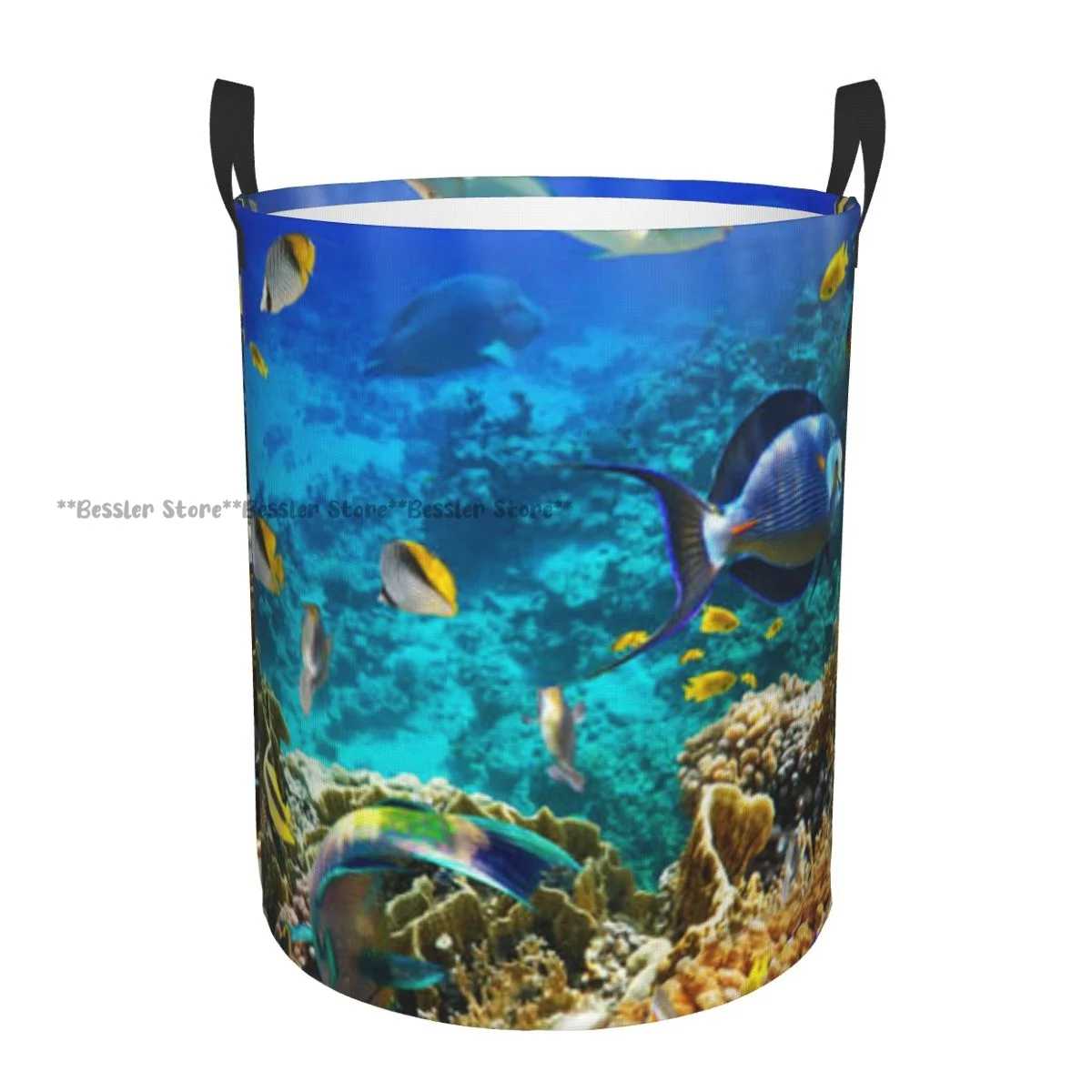 Folding Laundry Basket Tropical Fish Coral Reef Round Storage Bin Collapsible Hamper Clothes Bucket Organizer