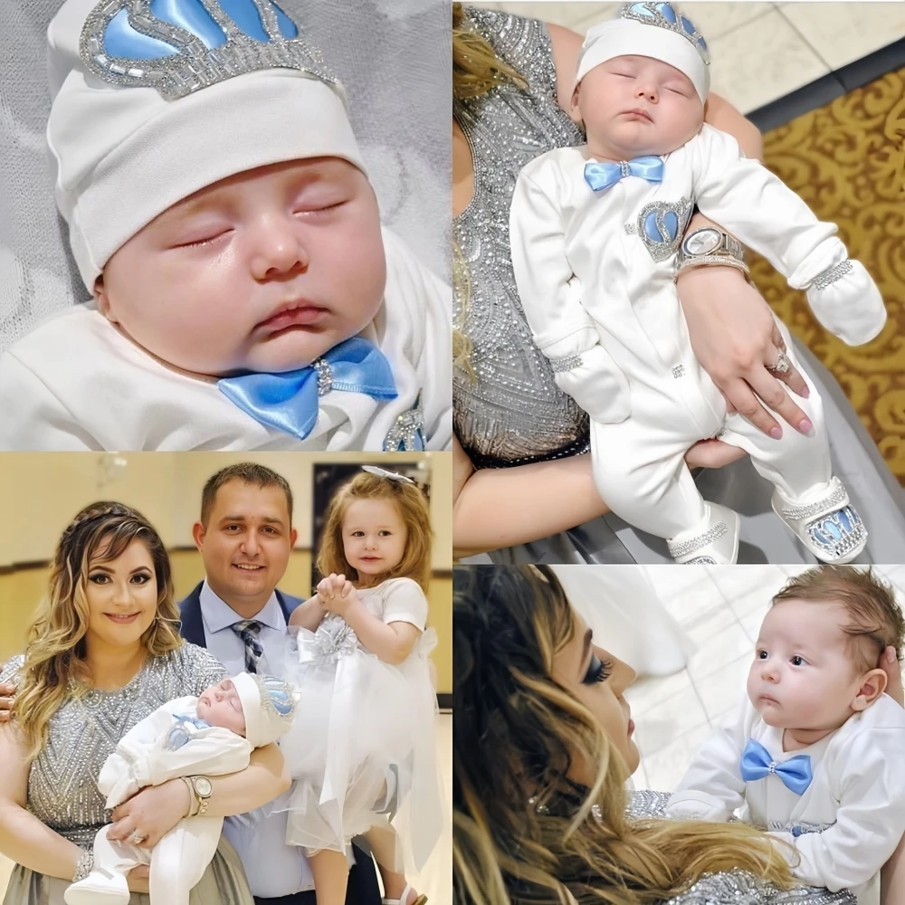 Dollbling Emerald Gold Crystal Luxury Baby Bling Romper Set My 1st Christmas Photography 4pcs Romper Hat Mittens Shoes Set