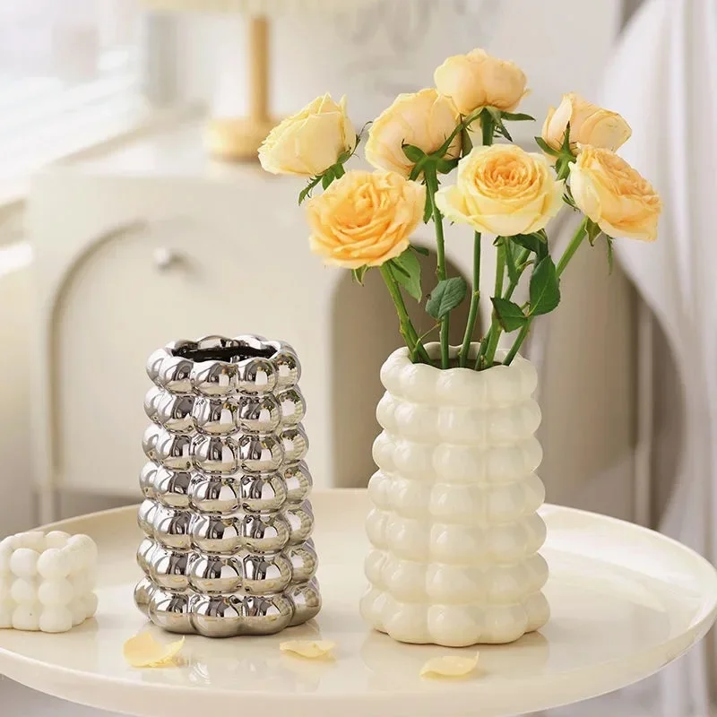 

Nordic Ceramic Vase Ornaments Milk White Silver Vases Dinner Table Flower Arrangement Home Room Decor