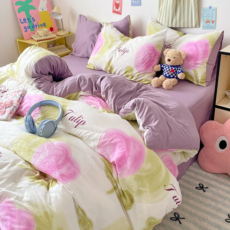 

Cartoon Pattern Skin Friendly Cotton Bed Sets Sweet Cozy Quilt Cover Bed Sheet Pillowcase Twin Full Queen King Size Bedclothes