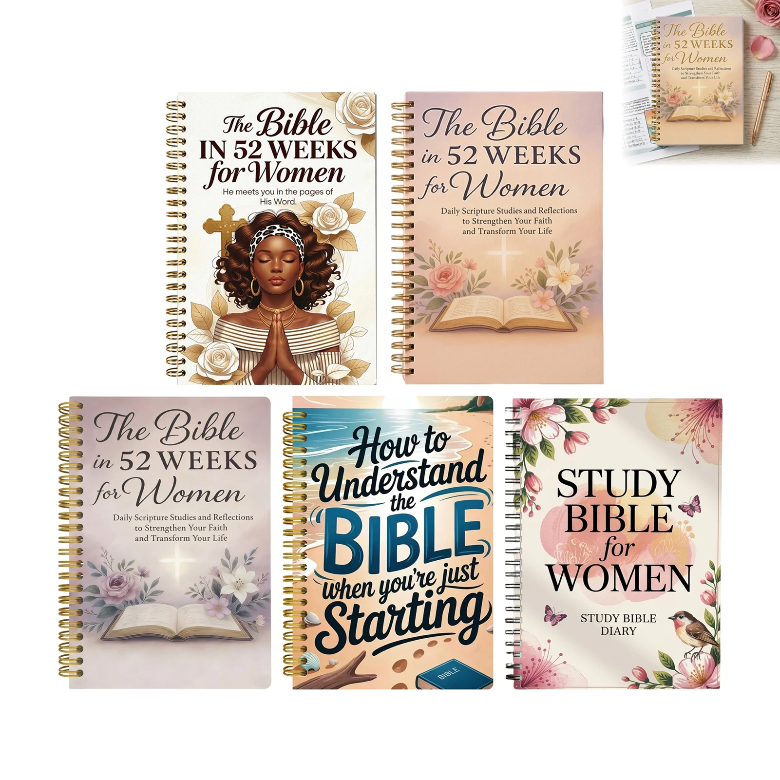 52 Week Bible Reading Planner Notebook Light Floral Coil Bound Daily Scripture Reflection for Prayer Christian Gift
