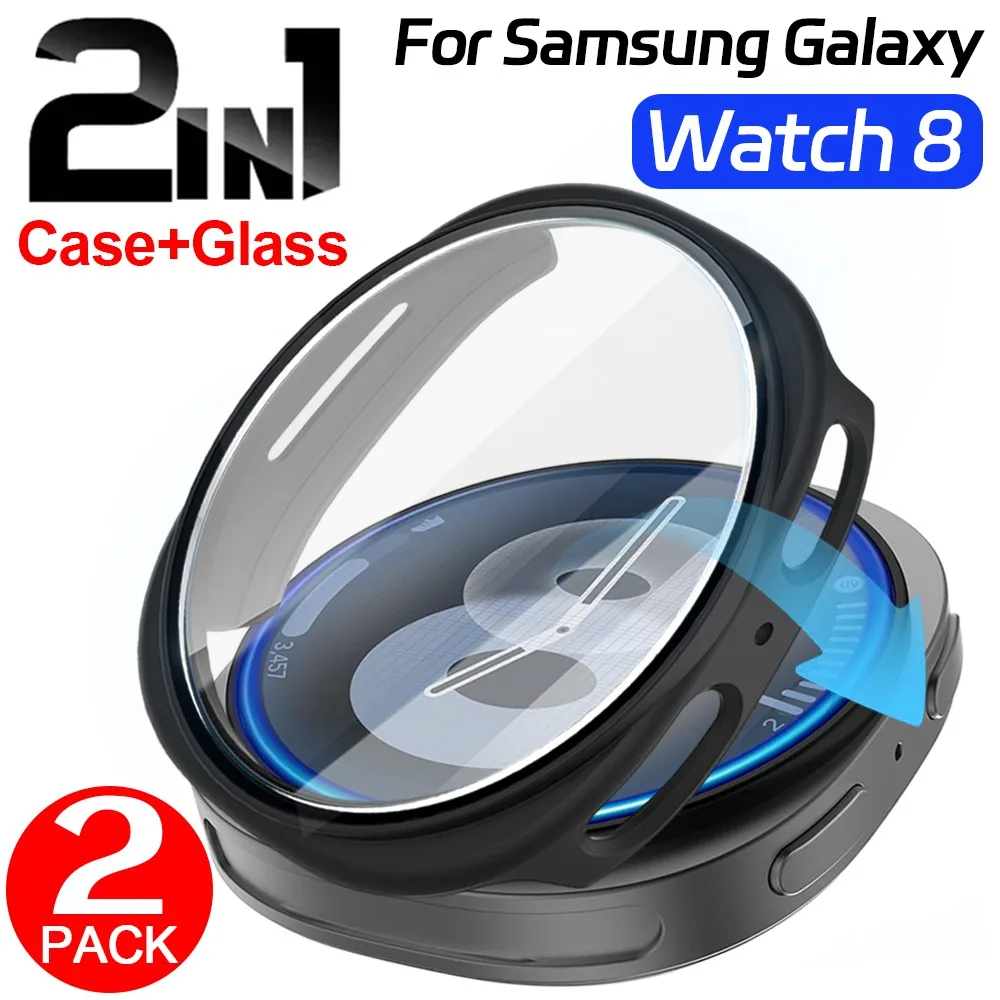 

1-2 шт. для Samsung Galaxy Watch 8, 40/44 мм, чехол для ПК со стеклянным экраном, прочный противоударный защитный чехол для экрана от царапин