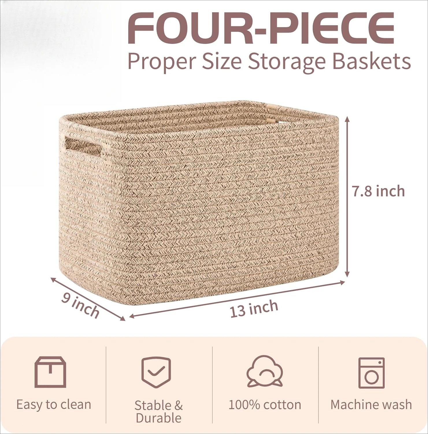 4 Pack Storage Baskets for Organizing, Cube Storage Bins for Shelves, Rectangle Storage Baskets With Handles