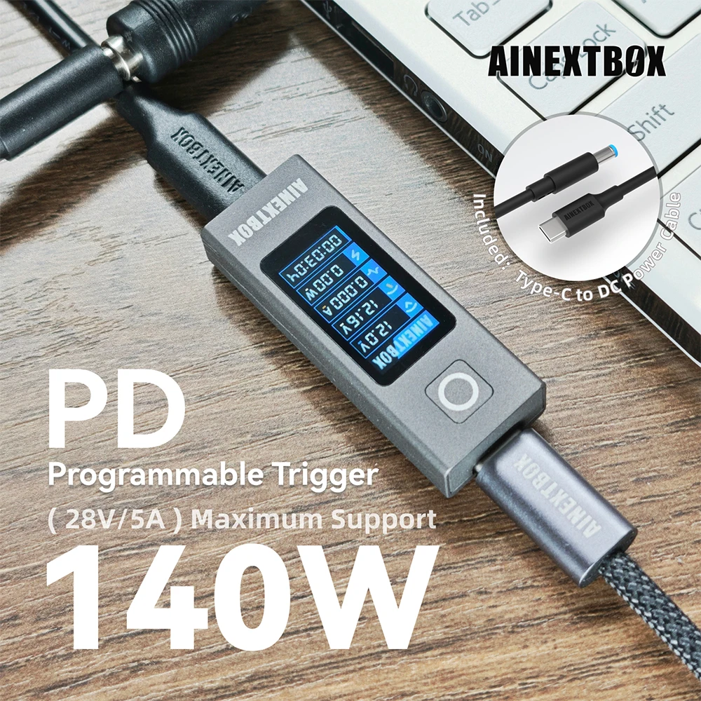 PD-Schnellladegerät, 5/9/12/15/20/28V einstellbar, 5A 140W, Typ-C-zu-DC-Stromkabel enthalten, für mehrere DC-Geräte