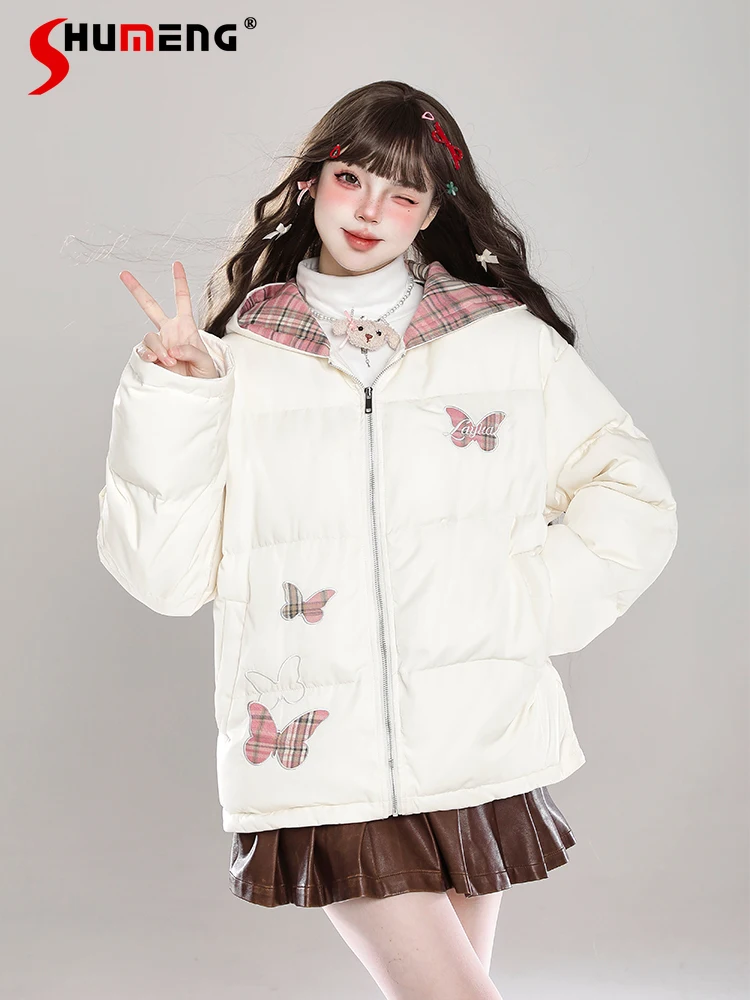 

Sweet Cute Embroidered Butterfly Plaid Cotton Padded Coats Overcoats Loose Casual Zipper Hooded Thickened Warm Winter Jackets