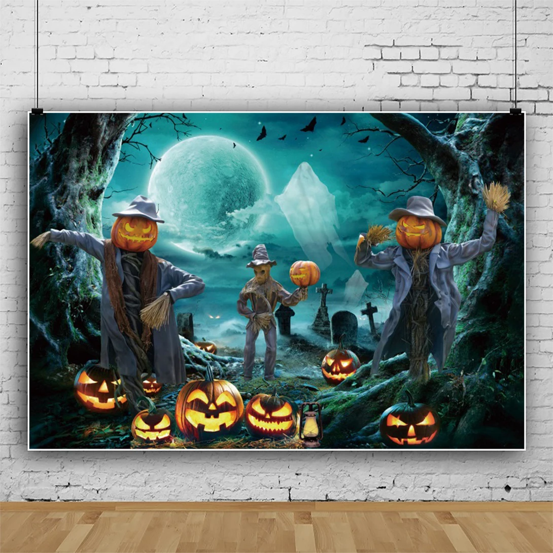 Laeacco Halloween Theme Graveyard Backdrop Creepy Moon Night Scary Pumpkin Scarecrow Adult Kids Portrait Photography Background