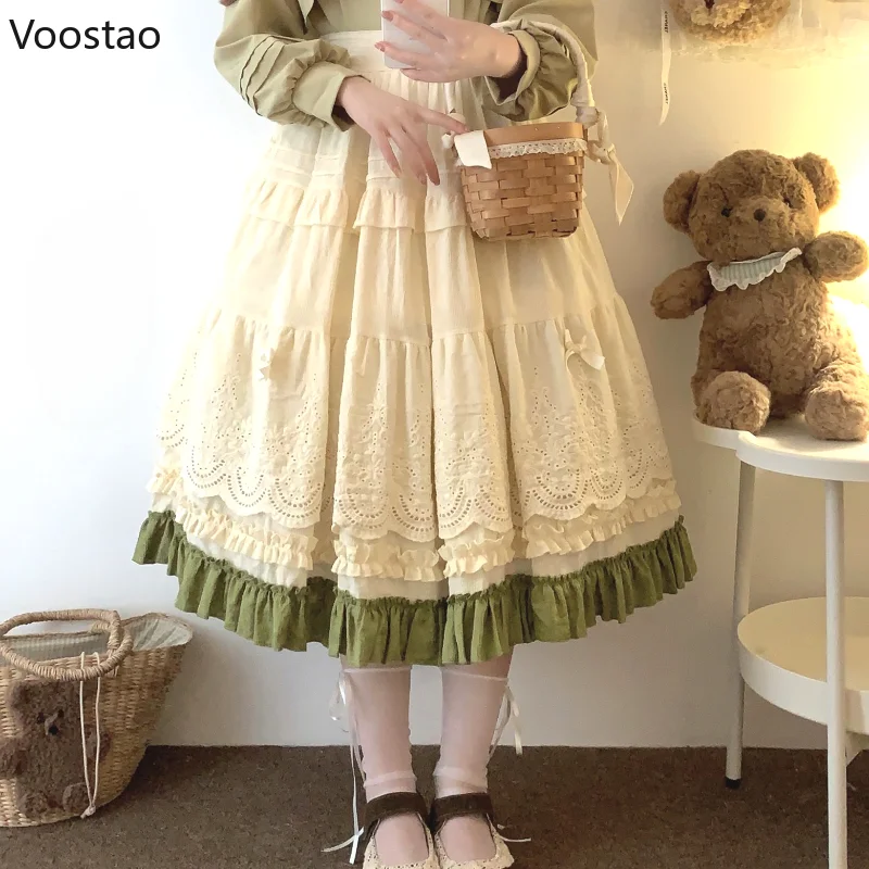 Mori menina estilo lolita midi saia feminina vintage bordado renda floral arco babados saias longas feminino pradaria chique festa saia