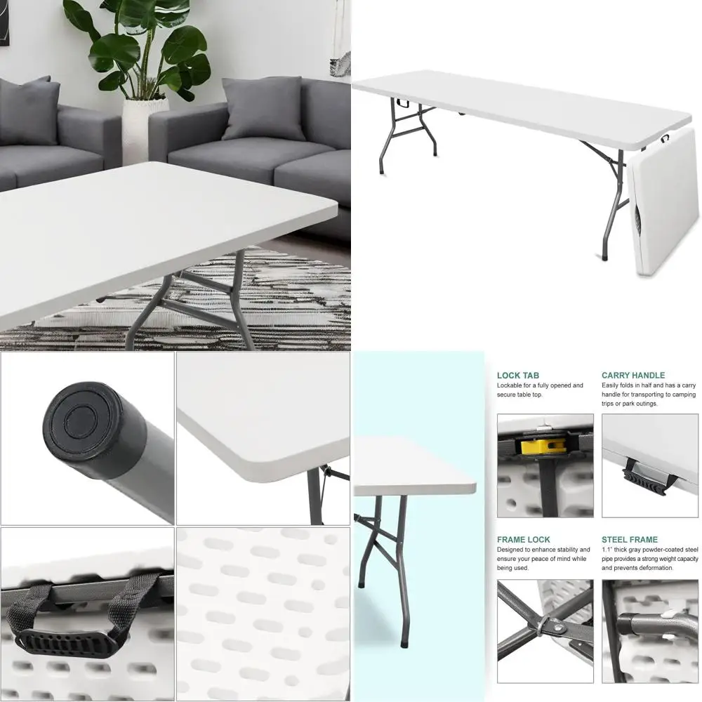 

Портативный пластиковый складной стол с ручкой для переноски - усиленный, белый, 96 дюймов, подходит для использования в помещении, на улице, для кемпинга, пикника, барбекю, вечеринок