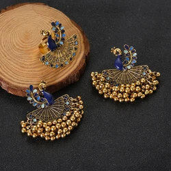 New Vintage Blue Peacock Tassel Earring Ring Set for Women Wedding Party Jewelry Gifts Ethnic Charm Indian Jewelry Accessories