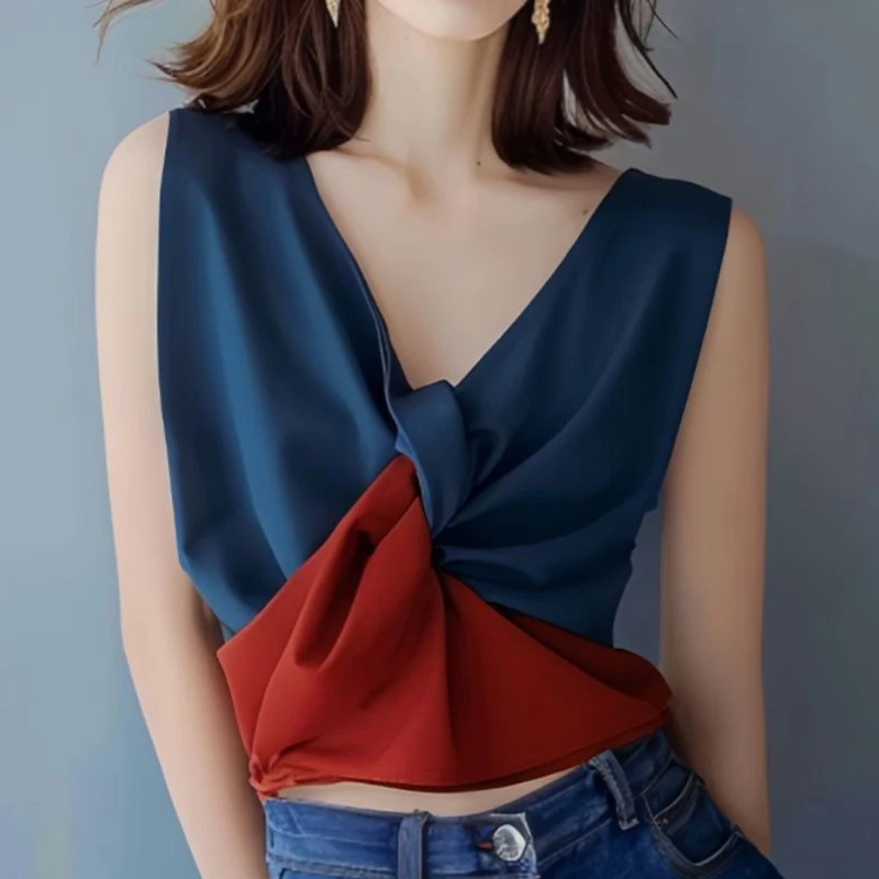 

Elegant V-Neck Spliced Folds Satin Sleeveless T-Shirts Women Clothing 2025 Summer New Slim Korean Tank Top Office Lady Tee Shirt